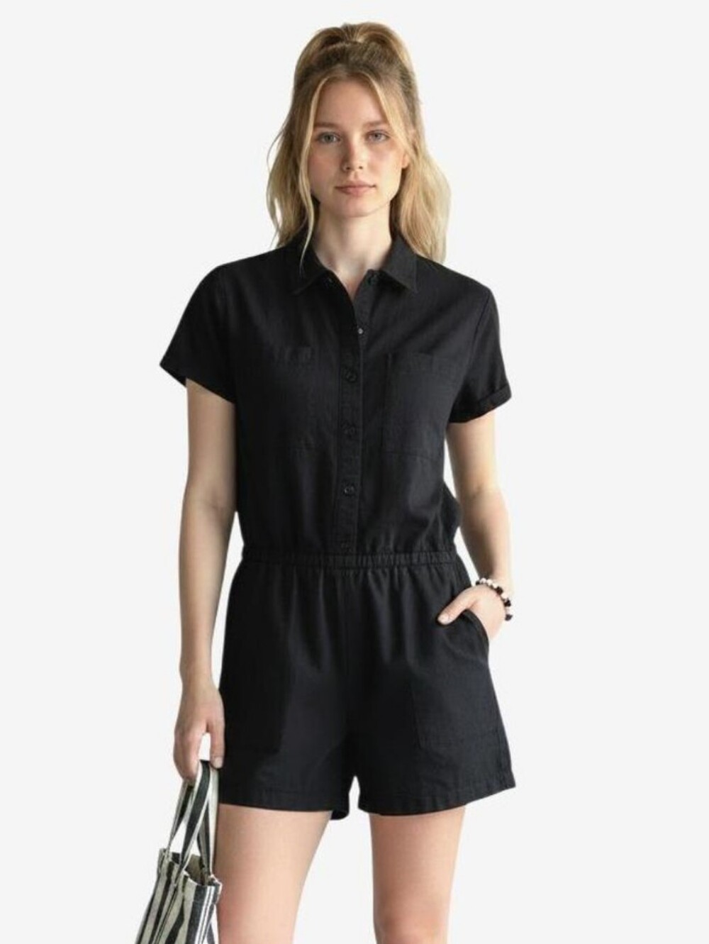 Pact The Harbour Romper Organic Cotton Hemp Short Sleeve in Black - Size XS